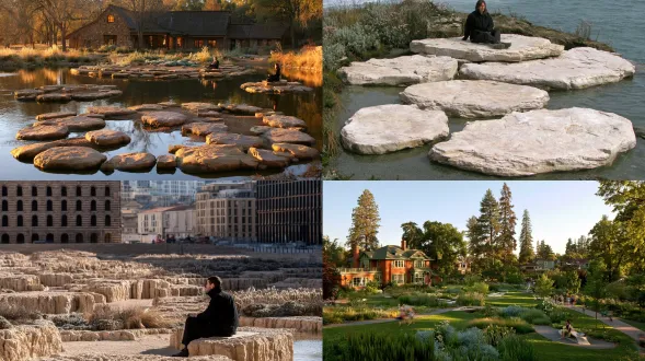 a slightly elevated oblique architectural view with a clear foreground focal node, layered middle garden and restrained residential background. a naturalistic garden of irregular pale stone islands, gravel joints and small water transitions around one seated figure. irregular pale stone islands joined by fine gravel, with small water transitions and one clear sitting place. layered mediterranean planting of rosemary, sage, silver foliage, grasses and sparse pale flowers. one woman seated naturally on a pale stone island with a clear resting edge. soft natural daylight, controlled highlights and readable shadows. one clear focal point, quiet supporting elements, believable human scale and material junctions. architectural editorial photography, natural colour and tactile clean finishes