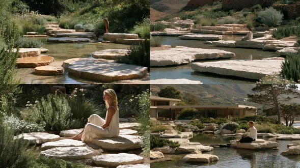 a slightly elevated oblique architectural view with a clear foreground focal node, layered middle garden and restrained residential background. a naturalistic garden of irregular pale stone islands, gravel joints and small water transitions around one seated figure. irregular pale stone islands joined by fine gravel, with small water transitions and one clear sitting place. layered mediterranean planting of rosemary, sage, silver foliage, grasses and sparse pale flowers. one woman seated naturally on a pale stone island with a clear resting edge. soft natural daylight, controlled highlights and readable shadows. one clear focal point, quiet supporting elements, believable human scale and material junctions. architectural editorial photography, natural colour and tactile clean finishes
