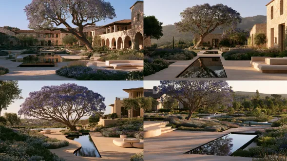 35 mm spatial overview at human eye level, showing one clear focal space with readable foreground, middle ground and residential background. a private reading courtyard centered on one leaning jacaranda, pale paths, quiet seats and a transparent clubhouse. one narrow black reflecting pool used for architecture and tree reflections, with clear edge, depth and dry route. one mature jacaranda as the primary canopy, open branching and restrained violet-blue blossom, used only where the local warm climate supports healthy growth. restrained drifts of muted violet and lavender flowers with silver-gray foliage, concentrated around terraces rather than becoming a continuous purple field, layered woodland shrubs, ferns and limited pale flowers while keeping paths and architecture visible. warm ivory stone with broad rounded corners, matte mineral grain, believable slab thickness and precise recessed joints, never glossy or paper thin, satin champagne-silver metal with fine vertical grain and soft reflections, never mirror chrome. one pale jade-toned seat used as a quiet scale node without competing with the tree or building, an ivory curved built-in banquette with readable backrest, seat depth and access route. soft natural daylight, controlled highlights and readable shadows. one clear focal point, quiet supporting elements, believable human scale and material junctions. architectural editorial photography, natural colour and tactile clean finishes