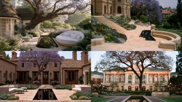 35 mm spatial overview at human eye level, showing one clear focal space with readable foreground, middle ground and residential background. a private reading courtyard centered on one leaning jacaranda, pale paths, quiet seats and a transparent clubhouse. one narrow black reflecting pool used for architecture and tree reflections, with clear edge, depth and dry route. one mature jacaranda as the primary canopy, open branching and restrained violet-blue blossom, used only where the local warm climate supports healthy growth. restrained drifts of muted violet and lavender flowers with silver-gray foliage, concentrated around terraces rather than becoming a continuous purple field, layered woodland shrubs, ferns and limited pale flowers while keeping paths and architecture visible. warm ivory stone with broad rounded corners, matte mineral grain, believable slab thickness and precise recessed joints, never glossy or paper thin, satin champagne-silver metal with fine vertical grain and soft reflections, never mirror chrome. one pale jade-toned seat used as a quiet scale node without competing with the tree or building, an ivory curved built-in banquette with readable backrest, seat depth and access route. soft natural daylight, controlled highlights and readable shadows. one clear focal point, quiet supporting elements, believable human scale and material junctions. architectural editorial photography, natural colour and tactile clean finishes