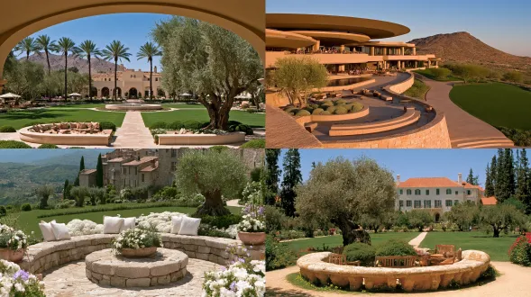 35 mm spatial overview at human eye level, showing one clear focal space with readable foreground, middle ground and residential background. a quiet garden lounge organized by one continuous rounded stone bench, cloud-like clipped planting and a restrained tree canopy. a continuous bronze shade canopy providing clear shade, headroom, supports and drainage. one climate-appropriate olive with an airy silver-green crown, keeping canopy height and circulation sightlines clear. continuous deep-green lawn folds with only a few trees and one narrow planting band. a stable-width ivory stone path connecting seating, lawn and home, with a dry route and clear edges. soft natural daylight, controlled highlights and readable shadows. one clear focal point, quiet supporting elements, believable human scale and material junctions. architectural editorial photography, natural colour and tactile clean finishes