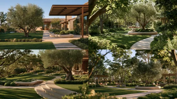 35 mm spatial overview at human eye level, showing one clear focal space with readable foreground, middle ground and residential background. a quiet garden lounge organized by one continuous rounded stone bench, cloud-like clipped planting and a restrained tree canopy. a continuous bronze shade canopy providing clear shade, headroom, supports and drainage. one climate-appropriate olive with an airy silver-green crown, keeping canopy height and circulation sightlines clear. continuous deep-green lawn folds with only a few trees and one narrow planting band. a stable-width ivory stone path connecting seating, lawn and home, with a dry route and clear edges. soft natural daylight, controlled highlights and readable shadows. one clear focal point, quiet supporting elements, believable human scale and material junctions. architectural editorial photography, natural colour and tactile clean finishes