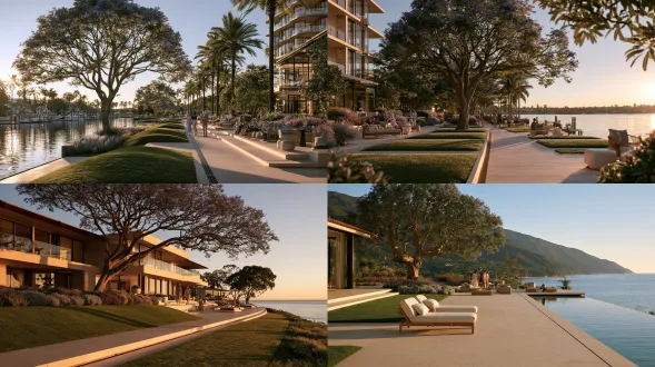 a 40 mm eye-level frame establishing promenade, lounge and focal tree without portrait close-up. overlapping emerald lawn waves with one leaning jacaranda and a narrow restrained violet planting band. three continuous lawn folds with soft crests and narrow shadow lines, never a row of repeated discs. one mature jacaranda as the primary canopy, open branching and restrained violet-blue blossom, used only where the local warm climate supports healthy growth. continuous deep-green lawn folds with only a few trees and one narrow planting band, restrained drifts of muted violet and lavender flowers with silver-gray foliage, concentrated around terraces rather than becoming a continuous purple field. warm ivory stone with broad rounded corners, matte mineral grain, believable slab thickness and precise recessed joints, never glossy or paper thin. a continuous pale stone walkway along water, lawn and seating with readable edges and drainage. a small group of fashion figures with one clear lead and quieter secondary movement. soft natural daylight, controlled highlights and readable shadows. one clear focal point, quiet supporting elements, believable human scale and material junctions. architectural editorial photography, natural colour and tactile clean finishes