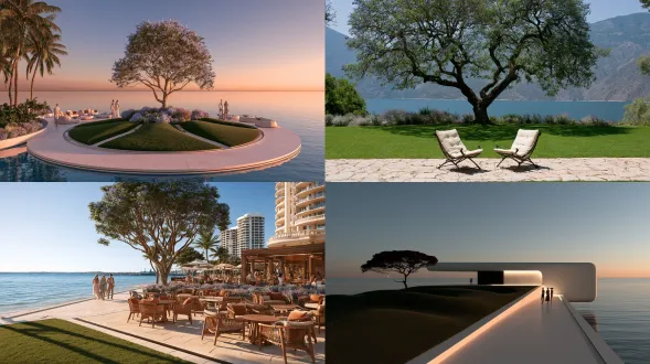 a 40 mm eye-level frame establishing promenade, lounge and focal tree without portrait close-up. overlapping emerald lawn waves with one leaning jacaranda and a narrow restrained violet planting band. three continuous lawn folds with soft crests and narrow shadow lines, never a row of repeated discs. one mature jacaranda as the primary canopy, open branching and restrained violet-blue blossom, used only where the local warm climate supports healthy growth. continuous deep-green lawn folds with only a few trees and one narrow planting band, restrained drifts of muted violet and lavender flowers with silver-gray foliage, concentrated around terraces rather than becoming a continuous purple field. warm ivory stone with broad rounded corners, matte mineral grain, believable slab thickness and precise recessed joints, never glossy or paper thin. a continuous pale stone walkway along water, lawn and seating with readable edges and drainage. a small group of fashion figures with one clear lead and quieter secondary movement. soft natural daylight, controlled highlights and readable shadows. one clear focal point, quiet supporting elements, believable human scale and material junctions. architectural editorial photography, natural colour and tactile clean finishes