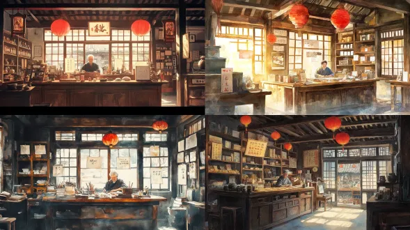 【1 主页作坊内景 · 16:9】 中国传统老手工艺作坊内景横幅，木质货架上摆满螺钿漆器、贝壳材料和旧工具，柜台后坐着一位和蔼老匠人，房梁挂着红灯笼和几块空白木牌，暖黄灯光从木窗洒入，手绘水彩厚涂插画，纸纹肌理，暖黄色灯光，温暖棕黄色调，柔和暗角，治愈系复古画风，细节丰富，无文字，无水印