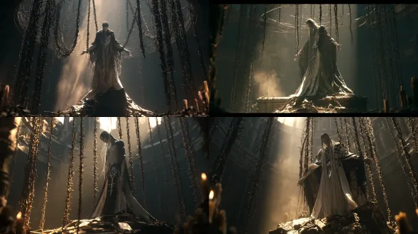 a cold commanding woman in her early thirties, pale skin, waist-length black hair streaked with white, worn black-and-white saintess robe with cracked silver emblem, suspended in mid-air by dozens of rusted chains and rune-carved thorns in a vast underground circular sealing chamber, arms limp, head bowed, hair cascading down, faint rotating stellar rings glowing through her closed left eyelid, a shattered stone seal-sarcophagus below her, golden-black light seeping through cracked floor, dust drifting in a light shaft, extinguished candles, oppressive sacred unease, 1990s french movie aesthetic, vintage film grain, muted colors, 16mm film grain, dappled sunlight, candlelight refraction, oil painting-like chiaroscuro, movie-like depth of field