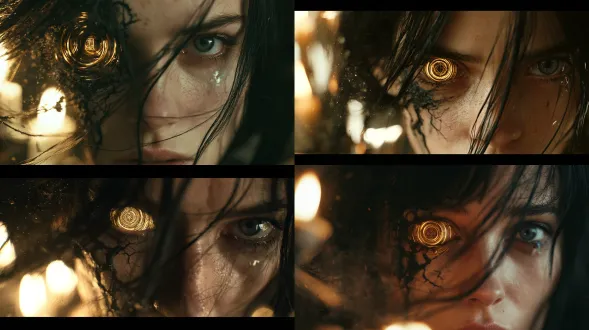 extreme close-up of a cold commanding woman in her early thirties, pale skin, black hair strands across her face, slowly lifting her head in darkness, her left eye wide open revealing slowly rotating golden stellar rings and a geometric rune-like pupil, her right eye a dark grey human eye with a tear at the corner, black cracked erosion veins spreading from the left eye across her cheekbone, blurred candlelight and floating dust behind, light from below, awakening pain and an inhuman gaze, 1990s french movie aesthetic, vintage film grain, muted colors, 16mm film grain, dappled sunlight, candlelight refraction, oil painting-like chiaroscuro, movie-like depth of field