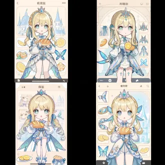 chibi anime style, genshin impact character, 1girl, blonde long curly hair, blue hair ribbons, silver crown with blue gems, elf ears, big round sparkling eyes, white and blue fantasy dress, holding a bread with lemon slices, cute expression, soft pastel colors, clean simple lines, high detail, 8k, masterpiece, kawaii aesthetic, studio lighting, fantasy palace background