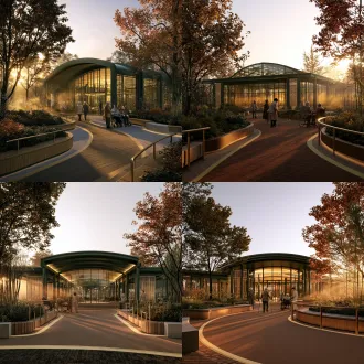 青岛市社区康养花园，认知障碍老人友好型疗愈景观，专业建筑效果图，超写实渲染。 主体：深绿色钢结构康养凉亭，弧形缓坡屋顶，落地玻璃幕墙，室内暖黄灯光向外溢出； 深灰绿墙柱配浅胡桃木格栅。 布局：陶土色无障碍环形步道横贯场地，步道边缘嵌浅黄色盲道引导条； 两侧为抬高七十公分的浅木色种植台。 种植：深橄榄绿与赭黄、砖红秋色叶混植，银杏、元宝枫、桂花、蜡梅、早园竹、芒草。 人物：数位老人自然活动，拄拐缓行、坐轮椅、陪护陪同下静坐交谈，衣着素雅，姿态自然。 材质：暖米白涂料、浅胡桃木格栅、陶土砖铺装、清水混凝土坐凳、拉丝黄铜扶手。 光线：黄昏低角度暖阳，长阴影，空气中有薄雾与金色光晕。 构图：一点透视，视平线约一点五米，画面平稳，中景凉亭，前景种植台与人物。 氛围：高级温暖的建筑摄影感，安静治愈，克制不炫技。填充我给你的第一张底图，模仿第二张参考，不要改变第一张布局