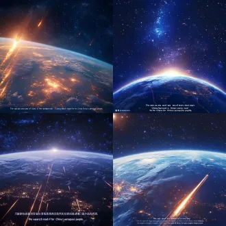 【场景1（0:00-0:12）：浩瀚星海·开篇】-【画面描述：16:9电影感超广角镜头，深蓝宇宙中地球弧线泛着蓝白光，远处太阳金光刺破黑暗。长征系列火箭从画面下方腾空，尾焰如一条红色长路直贯星海。构图宏大，主体为火箭与地球，背景布满星云。色调深蓝、金红、冷白，氛围庄严、远征感强。画面下方叠加白色字幕：“浩瀚星海，是中国航天人的新时代长征路。”】