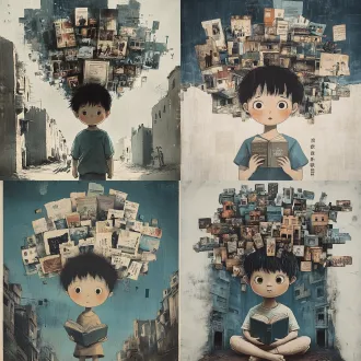 按照这个构图，以一个懵懂的孩童为主人公，脑海中涌入无数的信息，接收的信息为封建糟粕：男尊女卑、裹脚、封闭、愚昧、书本、广播、老式街巷剪影等，背景用封建时代的建筑泥砖房、道路破败，配色：旧纸米黄、灰蓝，印刷颗粒肌理。