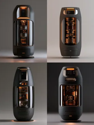 a futuristic standing capsule-shaped coffee ground leather processing machine for a tourism experience workshop in yunnan coffee plantation, height 1.35 meters, width 0.75 meters, depth 0.65 meters. vertical capsule silhouette, top and bottom slightly tapered, middle subtly bulged, matte dark grey aluminum alloy body with sandblasted texture, dark grey micro-textured composite side panels. upper section: 12.9-inch touchscreen embedded in a narrow brushed metal bezel, a continuous led light strip running horizontally above the screen glowing warm orange, a concave feeding port below the screen edged with a brushed stainless steel ring. middle section: the visual core, a large low-reflection high-transparency curved acrylic window with polished edges, revealing four vertically stacked processing chambers connected by slim metal pillars like a vertical assembly line. top chamber: drying chamber with spiral blades slowly rotating coffee grounds, warm amber internal lighting, hot air flowing upward. second chamber: grinding chamber with precision ceramic burrs, fine metal teeth around the burr, side lighting illuminating the particle flow. third chamber: mixing chamber, transparent cylindrical vessel with spiral mixing paddle, coffee powder and bio-binder entering from two inlets, mixture transitioning from dry powder to viscous paste, subtle glowing particles in motion. bottom chamber: precision flat hot-press mold, upper and lower mold halves with visible gap, paste injected and compressed, excess material overflowing into a recovery channel, temperature sensor display showing "82°c". lower section: concave drawer-style output port, matte black drawer front with damping feel, a slim indicator light above the drawer glowing during output. bottom base inset 5cm creating a floating effect. material palette: matte dark grey aluminum frame, low-reflection acrylic, brushed stainless steel accents, single warm orange accent color for led strips and ui, neutral grey everything else. no clutter, no bright colors. design language: dyson-like precision, medical-grade instrument aesthetic, apple retail display cleanliness, every detail serving a sense of precision and ritual. not a farm tool, not a workshop gadget, a high-tech professional experience terminal that tourists would want to photograph and share on social media. photorealistic product render, studio lighting, clean background, 4k, industrial design presentation style.