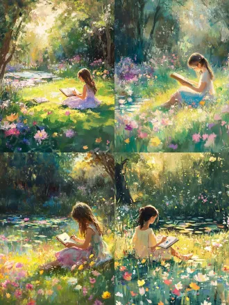 a young girl sitting on a grassy lawn in a park, painting in a sketchbook, surrounded by colorful blooming flowers, monet's garden style, impressionist aesthetic, soft dappled sunlight through trees, pastel color palette, dreamy and healing atmosphere, gentle breeze, wildflowers in pink yellow blue purple, water lilies pond nearby, lush green grass, warm golden hour lighting, painterly brushstrokes, whimsical and serene, studio ghibli inspired softness, highly detailed, illustration style