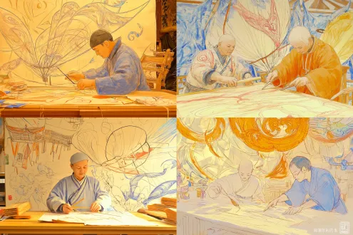老手艺人专注制作潍坊风筝，中心构图，复古国风，木工作坊，暖黄柔光，手绘纹理，粗颗粒质感，平和专注，毕设插画风格。