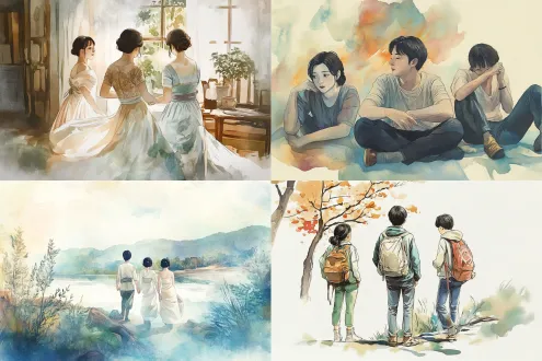 按照草图生成插画，保留3位人物动作、淡雅水彩手绘风格插画，生成色稿柔和低饱和色调，色稿，自然光，水彩晕染质感，细腻笔触，静谧治愈