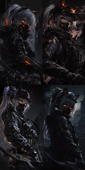 luna from delta force, schwarz skyline skin, black tactical jacket, grey ponytail hair, orange eyes, cat-ear headwear, mouth mask, holding compound bow, dark ruins background, cinematic lighting, vertical composition, smartphone wallpaper aspect ratio