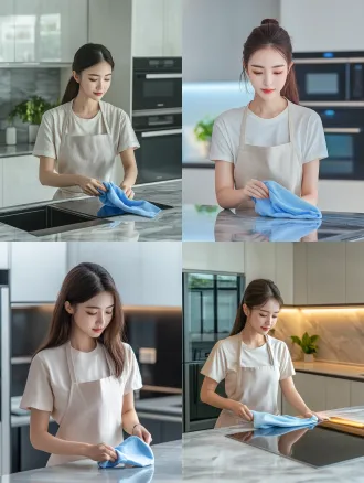 prompt: a 30-year-old elegant hong kong housewife (character a) with a neat half-up hair style and natural light makeup. she is wearing a light beige minimalist t-shirt and a stylish linen apron. she is wiping the grey marble countertop with a blue cloth, looking focused and meticulous. the background is a modern luxury kitchen with white upper cabinets, a dark built-in oven, and a large grey fridge. cinematic lighting, realistic photography, 8k resolution, tvb drama aesthetic.