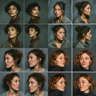 photorealistic 35mm film still, a character model turnaround sheet arranged in a clean 2x2 grid, four views of the same woman on one seamless cold grey studio backdrop #606570, shot on arri alexa 35 with cooke anamorphic lenses, visible film grain, sharp unretouched skin texture, documentary casting-session realism, no retouching, imperfect skin, thin even white gutters between panels