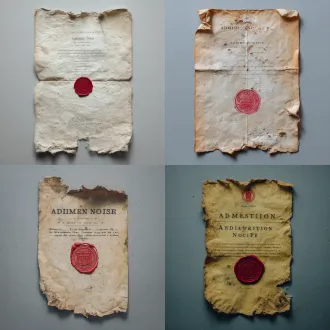 这是一张电影般的产品照片，拍摄于1965年，照片贴在一张已经泛黄脆化的纸上。纸张的边缘已经破损，细小的碎片纷纷脱落。在纸张底部有一个醒目的红色官方印章，中间写着录取通知书的字样，上面写着美术学院的文字。纸张中间有深深的折痕。照片被平放在一个简洁的冷灰色背景上。纸张上的纤维以及红色的印章痕迹都清晰可见。画面具有自然胶片质感，景深较浅，所有光线都是通过相机本身来控制的，没有使用任何电脑特效。