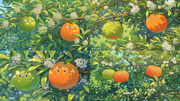 ai画面提示词： 中国东方奇幻绘本风，电影级动画，赣南脐橙果园，阳光透过浓密绿叶洒下斑驳光影，橙树枝头盛开洁白细腻的橙花，一颗拟人化的青绿色小脐橙小青与一颗刚刚长大的橙色小脐橙小橙并排挂在树枝上。小橙圆润饱满，头顶一片小小绿色叶子，明亮的大眼睛，表情好奇可爱；小青略小一些，青绿色果皮，头顶嫩绿色叶子，眼神温柔。两颗果实开心地望向彼此，周围有细小花瓣飘落，背景是柔和绿色果园，浅景深，童话氛围，角色设计精致，电影级三维动画，16:9，无文字，无水印。角色统一设定： 一颗拟人化的赣南脐橙“小橙”，圆润饱满的橙色果实，表皮细腻，有一片小小的绿色叶子，表情灵动可爱，眼睛明亮，性格好奇、勇敢、乐观，具有动画电影主角气质，不要过度卡通化，不要手脚过于夸张.3. 小青角色锁定词 同一角色，一颗拟人化青绿色小脐橙“小青”，体形略小于小橙，表皮细腻，头顶一片嫩绿色叶子，大眼睛，性格温柔活泼，和小橙是亲密伙伴。所有镜头保持相同外观。