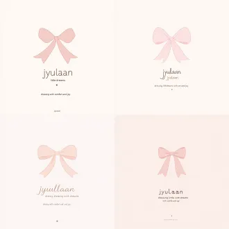 elegant minimalist logo for a girls' clothing brand "jyulaan". the letter j is shaped as a soft pink ribbon tied into a bow at the top, the ribbon tail flows down and curves to form a tiny dress silhouette, the letter y connects naturally to the ribbon tail. pastel pink #f7c8d0 and cream white background. below the icon, "jyulaan" in rounded sans-serif uppercase letters, deep grey-pink #4a3f44. under that, tagline "dressing little dreams with comfort and joy" in delicate script, medium grey-pink. a tiny warm gold dot at the bow center. vector style, flat, clean white background, luxury children's boutique branding, centered composition, high resolution.