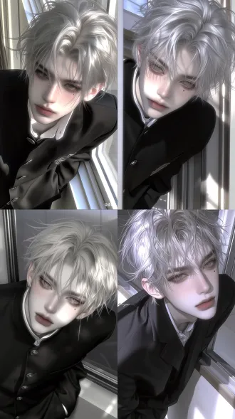 slightly high-angle view, close-up bust shot, vertical 9:16 aspect ratio, soft natural off-white sunlight, facial rim light. handsome east asian young man with sharp facial features, lazy and cold expression, slightly bowing head while looking at the camera. cool porcelain-pale skin with faint blush on cheeks, sharply defined facial bone structure, thin yet full lips, light gray eyes, a light brown mole under the right eye, long fine eyelashes. layered messy silver-white short hair, plenty of loose stray strands falling beside the temples. black western-style school blazer over a school uniform shirt, hands tucked in pockets. leaning by a window in a school corridor background, slanting sunlight pouring in. best quality, ultra-detailed, 2.5d semi-realistic cg illustration, korean thick paint rendering, delicate translucent skin sheen, realistic fabric texture, rich shadow layers