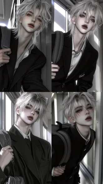 subject eye-level view, slightly looking down, close-up bust shot, vertical 9:16 aspect ratio, soft natural off-white sunlight, facial rim light. handsome east asian young man with sharp facial features, lazy and relaxed expression, slightly bowing head while looking at the camera, avoid excessive upward head tilt. cool porcelain-pale skin with faint blush on cheeks, sharply defined facial bone structure, thin yet full lips, light gray eyes, a light brown mole under the right eye, long fine eyelashes. layered messy silver-white hair, slightly longer with wolf tail cut, plenty of loose stray strands falling beside the temples. black western-style school blazer over a school uniform shirt, wearing a dark gray backpack, one hand lightly tugging the backpack strap, the other hand tucked in pocket, backpack mostly hidden, not showing much of the bag. leaning by a window in a school corridor background, slanting sunlight pouring in. best quality, ultra-detailed, 2.5d semi-realistic cg illustration, korean thick paint rendering, delicate translucent skin sheen, realistic fabric texture, rich shadow layers