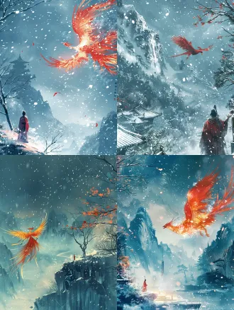 仙侠小说封面，竖构图，3:4比例，秦罗山脚下破道观雪夜，红焰凤凰悬飞，背影清瘦持枯枝道士，蓝黑夜空落雪，水墨仙侠风，冷暖强对比，负空间留题位，电影光效，青蓝白赤金配色。