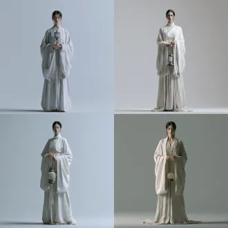 居中正面全身立像，平视机位，素净挽发年轻女子，着无纹旧净白灰书生袍，持无火空灯，浅灰无缝背景，ue5渲染，pbr材质，柔和影棚光，低饱和白灰调，淡得几近融入背景，清冷松弛，8k超精细。