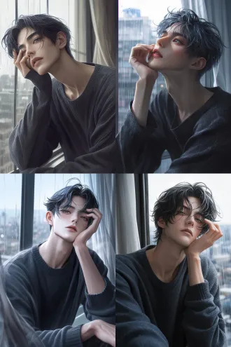 masterpiece, ultra detailed anime illustration, semi-realistic anime art, highly refined male character design, korean webtoon aesthetic, exquisite digital painting, exceptionally beautiful adult east asian man, sharp elegant facial bone structure, narrow slender face, beautifully defined jawline, refined cheekbones, high straight nose bridge, delicate nose tip, pale cool ivory skin, translucent porcelain complexion, subtle natural skin blush, faint muted rose shadows beneath the eyes, narrow elongated eyes, slightly downturned outer eye corners, deep charcoal gray irises, long delicate eyelashes, naturally straight dark eyebrows, subtly hooded eyelids, languid melancholic gaze, beautifully sculpted facial features, softly parted pale rose lips, delicate glossy lips, elegant masculine beauty, refined facial proportions, ethereal androgynous beauty while retaining distinct masculine bone structure fluffy tousled jet black hair, airy layered haircut, voluminous crown, fine individual hair strands, wispy bangs partially covering the eyebrows and eyes, delicate loose strands framing the face, intricate hair detailing, soft silver-gray highlights on black hair, naturally messy hairstyle slender elegant neck, beautifully defined collarbones, lean body, graceful shoulders, long slender fingers, wearing a loose charcoal gray knit sweater over a black shirt, soft fabric folds, understated dark fashion sitting beside a large window on a rainy afternoon, leaning slightly forward, one hand casually supporting his cheek, long fingers resting near his temple, head slightly tilted, looking up through lowered eyelids, subtly furrowed brows, distant and tired expression, naturally relaxed lips, emotionally reserved, quiet aloofness, candid intimate moment soft diffused daylight filtering through the window, delicate highlights along the nose bridge, lips and cheekbones, subtle shadows beneath the eyelashes, luminous pale skin, intricate light and shadow transitions, soft ambient occlusion, cinematic soft lighting, muted cool gray palette, blurred rainy city outside the window, delicate sheer curtains, sophisticated understated background, shallow depth of field, intimate vertical portrait, close medium shot, face occupying the central visual focus, exquisite eye rendering, detailed individual eyelashes, intricate hair rendering, smooth yet richly detailed digital brushwork, polished anime illustration, high-end character concept art, dreamy melancholic atmosphere, elegant visual storytelling