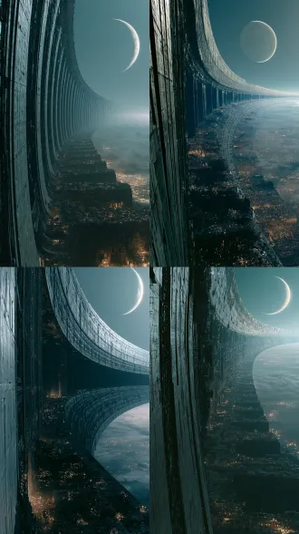 epic photorealistic cinematic sci-fi scene, imax ultra-wide shot, 8k hyper-detailed, physically based rendering, soft volumetric space haze. a colossal l-shaped partial curved-shell megastructure dominates the frame. the left side is an endlessly towering inward-curved arc hull, formed by massive dark metallic concrete panels with dense vertical structural ribs and deep shadowed gaps between them. the curved hull bends downward and transitions into an infinite stepped terraced platform system, receding layer by layer into the cosmic distance. each tier is separated by wide dark void gaps, creating extreme infinite depth, powerful spatial hierarchy and overwhelming scale. the megastructure surface is covered with countless tiny scattered city lights, some areas appear as dark abandoned industrial cavities, while other sections glow with faint warm illumination. a large pale celestial moon or half-finished artificial planet hangs in the dark starry sky at the upper right, with a thin glowing rim light tracing its curved edge. below the megastructure, a misty planetary cloud sea and distant low-altitude city lights stretch across the horizon. cool muted teal-blue color palette, low-key dramatic lighting, solemn desolate sublime atmosphere, deep depth of field, sharp textures, heavy weathering, scratches, erosion, industrial decay and immense cosmic awe. remove all foreground cliff platforms, mechanical ledges, human figures, silhouettes and small foreground objects. no monolith pillar, no solid straight wall, no complete ring-world, no cartoon, no anime, no illustration, no painting, no deformed architecture, no text, no watermark, no ui elements, no bright oversaturated colors, no grain noise artifacts, no extra debris clutter.