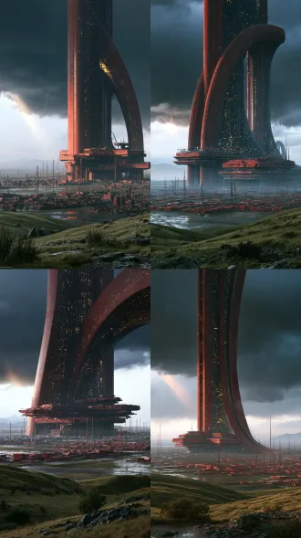vertical distant shot, gigantic dark‑red alien megastructure standing on vast plain. several extremely thick curved red mega‑pillars soar upward from ground, huge curved arch‑shell structures spread outward. dense tiny windows on megastructure surface, partial windows emit faint warm‑yellow interior lights. multi‑layer red platform buildings extend outward from megastructure base. vast flat industrial plain in front of giant building, filled with low‑rise red modular buildings and slender signal towers, structures stretch toward distant horizon. foreground features rolling grassy hills, scattered rocks and low shrubs. heavy dark storm clouds cover sky, it is raining with visible rain streaks. a beam of crepuscular ray breaks through cloud gap on left and slants down. faint rolling mountains on far horizon. cold damp atmosphere, wet reflective ground surface after rain. light sources: building interior lights, skylight piercing clouds. realistic concept photography, wide‑angle lens, film grain, medium‑low contrast, cold‑grey ambient tone matched with dark‑red architecture, massive scale, strong depth layers, vertical 9:16. negative prompt: clear sunny sky, sun, starry sky, moon, steep rocky cliff, lake water, cartoon, anime, illustration, cg render look, glass curtain wall, light‑colored buildings, arch doorway, human figures, billboards, deformed architecture, oversaturated bright colors, over‑hdr, watermark, text, logo, big forest trees