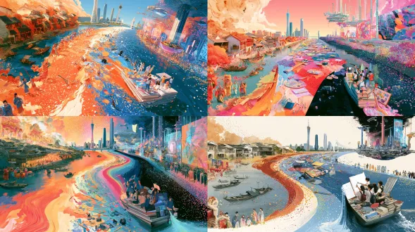 一条由颜料汇成的河流从画面左侧流向右侧，河道本身就是时间轴。左段是岭南水乡、渔船、骑楼、粤剧戏台、舞狮，暖色水墨质感。中段是广州塔、香港中银、澳门旅游塔、深圳平安、港珠澳大桥，河面漂浮画笔、调色盘、相机、笔记本电脑，鲜艳波普风格。右段是悬浮城市、太空电梯、全息艺术馆、人机共创壁画，荧光赛博朋克风格。河上一艘由书本和画板拼成的船，一群大学生手持画笔、乐器、代码板向河中倾倒颜料。河岸两侧分别站着传统服饰和科技服装的人群，抛洒花瓣与数据粒子。8k，超精细，电影级构图，比赛级视觉冲击力。不要文字、水印、畸形手、模糊、低分辨率。