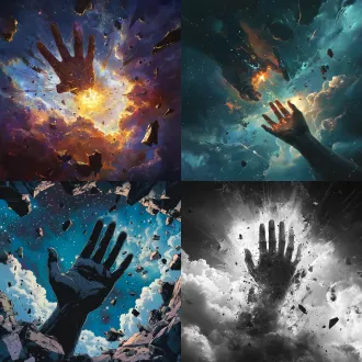 天空被撕裂，一只巨手从里边伸出来，周围全是空间碎片