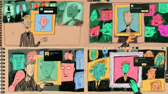 funeral scene, stylized distorted mourners weeping in background, a man standing in front of portrait with blank numb face, floating system pop-up "deep sorrow package expired", his hand hovering above renew button, loose colored pencil sketch, rough hand-drawn hatching lines, textured kraft sketch paper, distorted whimsical illustration style, imperfect sketch outlines, darren shaddick aesthetic, hand drawn grain, bold flat pop color block, crayon texture