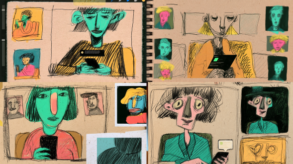 distorted woman sitting for interview, rigid standard smile, empty dull eyes, looking down at mobile phone with pop-up system text, simple irregular indoor room, loose colored pencil sketch, rough hand-drawn hatching lines, textured kraft sketch paper, distorted whimsical illustration style, imperfect sketch outlines, darren shaddick aesthetic, hand drawn grain, bold flat pop color block, crayon texture