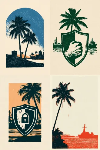 chinese woodcut linocut poster, rough carved texture, thick hand-carved lines, two-tone limited color palette, large blank space, vertical composition, simple plain background, sturdy shield protects enterprise innovation, trade secret protection, coconut tree and harbor silhouette in background, forward-looking atmosphere