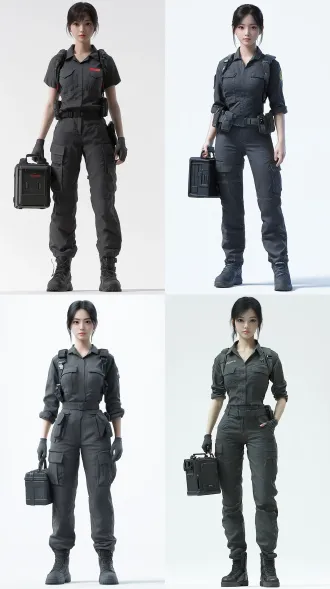 3d cg, chinese donghua style, full body character sheet, 24-year-old young asian woman, neat short black hair, sharp calm dark eyes, indifferent expression, no smile, trace inspection technician, dark gray functional work uniform, cargo work pants, sturdy work boots, holding portable trace evidence toolbox, a-pose, arms naturally hanging down, front view, looking straight at camera, solid pure white background, soft studio rim lighting, ultra-detailed facial features, fine hair strands, realistic fabric texture, pbr texture, cinematic render, 8k, sharp focus