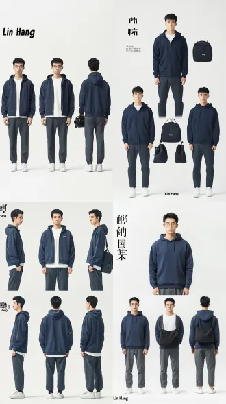 角色设定图，白底纯色背景。画面版式：左上角用黑色手写体标注"林航"，主体为同一人物的三个全身视图并排站立——正面全身、侧面全身、背面全身，双脚与肩同宽正常站立，双手自然垂放身体两侧，不拿任何东西。人物设定：21岁中国男大学生，南航工科生，身高178cm，清瘦，短发略微凌乱，黑色细框眼镜，眼下有轻微熬夜的淡青，皮肤偏白。穿着：深蓝色连帽卫衣（拉链半开，内搭白t）、深灰色休闲长裤、白色运动鞋，斜挎一个黑色相机包（空包，不放相机）。表情：正面视图神情平静，眼神清醒带一点执拗。电影摄影质感，柔光棚拍光线，人物边缘清晰无投影，细节丰富，真实皮肤纹理，8k高清。