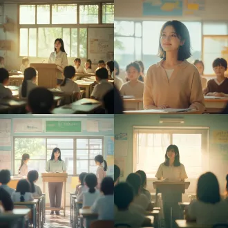 镜 1｜画面：教室，小丽站讲台讲课，温柔微笑，课间俯身给学生讲题，阳光洒进教室 创意描述：16:9 横屏，写实短剧风格，明亮小学教室，20 多岁女教师黑色中长发，浅衬衫，站在讲台温柔讲课，阳光从窗户洒落，课间弯腰耐心辅导课桌前小学生，自然光，电影氛围感，高清写实