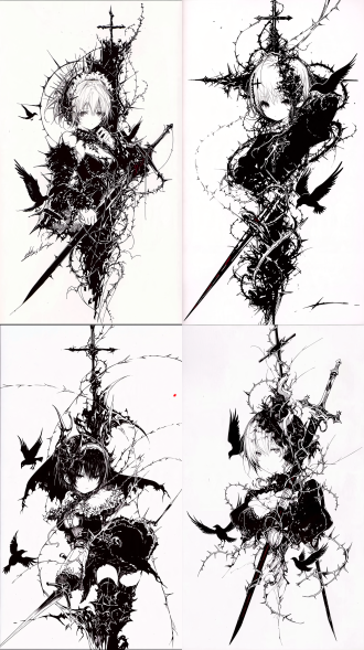 暗黑哥特漫画风纹身手稿，竖向构图，动漫女性，荆棘藤蔓十字架长剑乌鸦环绕，细密线条，局部排线，少量红色点缀，白底高对比，钢笔针管笔质感，细节丰富，黑白主调。