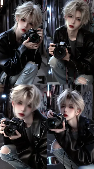 semi-realistic anime style, stunning handsome east asian young man, messy layered platinum blonde wolf cut, pale porcelain skin, soft hazy light blue-grey eyes, subtle dark eye makeup, soft rose plump lips. he is wearing a black motorcycle leather jacket over a dark grey t-shirt, and distressed ripped jeans. he is squatting on one knee on the ground, holding a professional dslr camera close to his face with both hands, looking coldly through the viewfinder towards the front, with a handsome and aloof expression. the scene is an industrial street alley at night, graffiti wall in the background, puddle reflections on the ground, faint neon lights around. high contrast, cinematic texture, masterpiece, best quality.