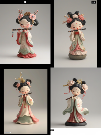 a chibi q-version tang dynasty female musician, 2.5 head body proportions, holding a vertical bamboo flute with both hands near her lips, eyes closed peacefully, tang dynasty court musician attire, red upper garment, green lower skirt with ornate floral patterns, tang dynasty hairstyle with elaborate hair ornaments, huadian flower mark on forehead, full tang makeup with red lips and blush, tang sancai ceramic texture, tri-colored glaze in amber yellow emerald green and cream white, glossy glazed surface, crackle glaze, earthenware clay body, kiln-fired ceramic figurine, cute chibi style, soft studio lighting, product photography, clean background, hyper detailed, 8k