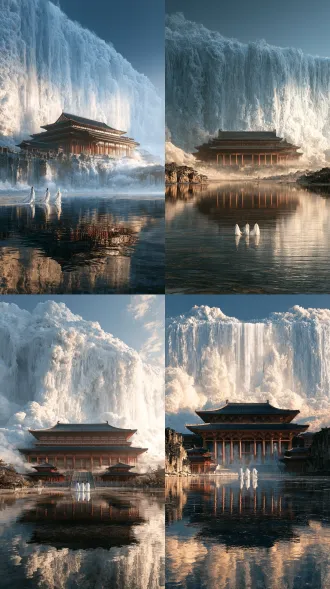 symmetrical reflection composition, three immortals in flowing white hanfu walking on a mirror-like water terrace, a massive chinese celestial palace with vermilion columns and dark tile roofs reflected perfectly in still water, a towering white cloud wall behind the palace cascading like a frozen waterfall, soft blue and gold divine light, sacred stillness, minimalist chinese mythological aesthetic, hyper-detailed, cinematic, serene and majestic