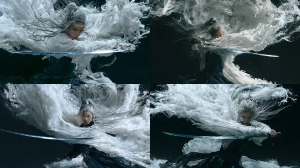 cinematic fine-art wuxia photograph, a lone wind swordsman with long silver-white hair tied in a high ponytail, the loose strands whipping upward and sideways into fine radiating ink lines, wearing layered translucent snow-white silk gauze robes over a dark indigo inner robe with a wide sash, caught at the instant of a full horizontal slash, a long curved katana sweeping clean across the middle of the frame as the central axis, its polished blade carrying a cold icy-blue specular highlight and a thin line of white light along the edge, his massive white sleeves and robe blown open by the swing into one enormous swirling vortex of fabric that fills the upper frame like storm clouds, the cloth edges dissolving into silky fibers and radial long-exposure speed streaks, his face partly veiled by streaming hair yet his eyes burning straight into the lens, pitch-black void background with no horizon and no props, a single hard directional light carving the white silk out of total darkness so it flares almost self-illuminated, a cool steel-blue rim light tracing the blade and the flying hair, fine dust suspended in the light beam, extreme high-contrast chiaroscuro, desaturated cold monochrome grading, enormous negative space, film grain, photorealistic, ultra-detailed silk and steel texture, art-film wuxia aesthetic, masterpiece quality