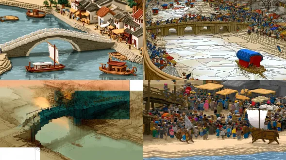 3d体素方块清明上河图虹桥汴河场景，前中远景分层，蒙德里安几何解构，交错粗轮廓线，平涂色块，哑光漫射天光，柔和阴影，方块阶梯边缘，宋式市井烟火气