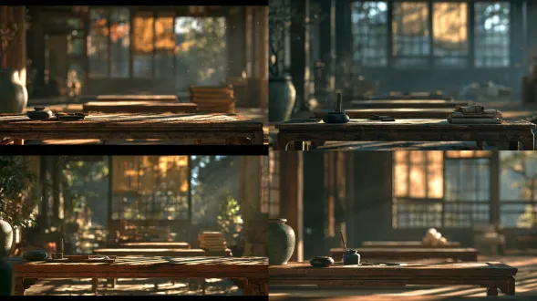 风格要求：东方古装3d动漫写实电影感；冷调低饱和；35mm胶片颗粒；自然冷白光为主，室内侧逆光，明暗对比强烈； 平视广角，狭长房间纵深一点透视。前景：最近一张矮案，案面覆薄灰，砚台、墨锭、裁纸刀一字横排，案沿切掉第二张案的下半部。中景：三张空矮案沿纵深递退，最里一张案上堆叠齐膝高经卷，纸边裁切平直。左侧：墙角一只粗陶旧水瓮。背景：唯一一扇朝东高窗，窗纸泛黄起毛，木质窗格。晨光自窗口斜射向镜头，把房间切成受光与不受光两半；纸尘悬在光柱中；窗格投影锐利落在案面与地面。4600k 硬质定向光，青灰暗部补光。柯达 vision3 500t，35mm，f/2.8，细颗粒。