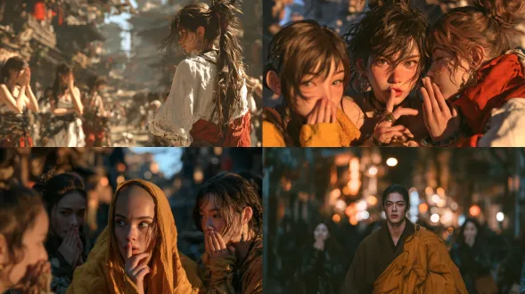 第一视角唐僧进城，女性路人惊艳围观，捂嘴低语，直勾勾凝视，古色街巷，暖柔光，50mm定焦镜头，浅景深，柔和暖色调，惊叹氛围