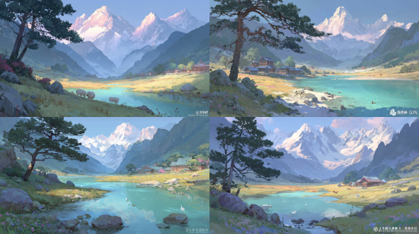 叙事插画，宽画幅横向构图，由远及近纵深空间，前景松枝、高山野花形成天然画框框住远景，风景为主，动物作为次要点缀，动物尺寸很小，藏在场景里，不抢占视觉重心，无人类，颗粒斑驳肌理厚涂，柔和朦胧空气透视，写意氛围感，色彩通透低饱和，松散噪点笔刷，柔和漫射天光，细腻色彩渐变，吉卜力国风融合插画，干净唯美，人与自然生灵共栖。远景连绵积雪阿尔卑斯雪峰，中景翡翠色高山湖泊，湖畔尖顶木屋、草甸，近处湖边浅滩，两三只褐色小羊低头在草甸远处、湖面漂浮一只野鸭，湖水清澈倒影山峦，清新蓝绿主色调
