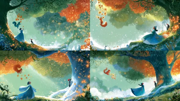 倒挂小松鼠抛接星形果实，啄木鸟敲树干散暖橙光点，层叠草绿暖橙树冠，卷曲藤蔓，厚涂水彩肌理，薄荷绿低对比背景，充足留白，柔和漫光，清新治愈。